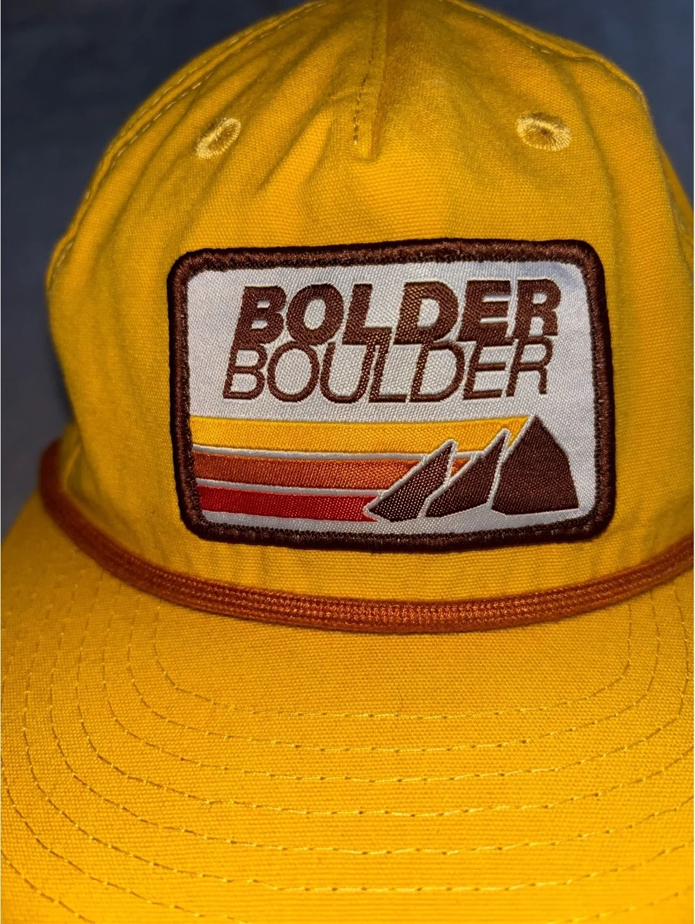 Bolder Boulder 10K Marathon Trucker Hat Yellow Retro Style Rope Snapback Cap